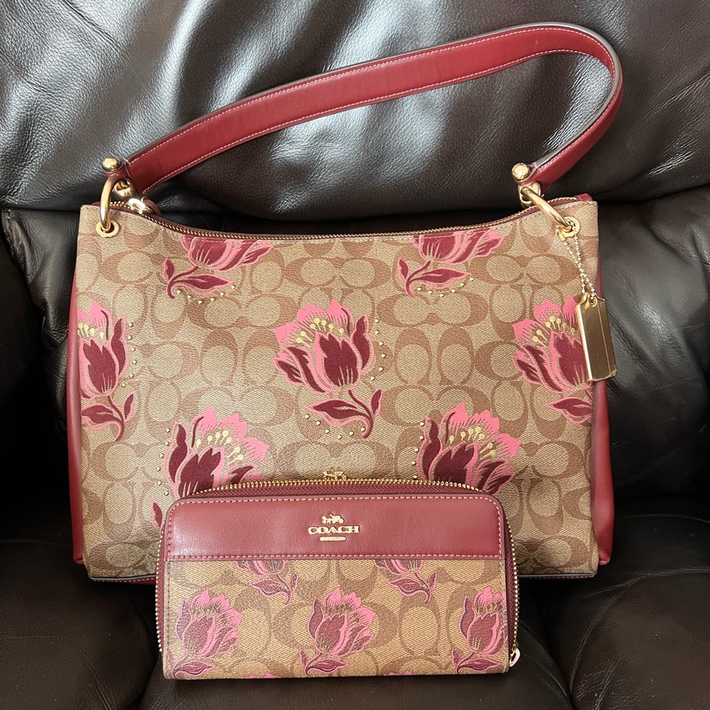 Coach Brown and Burgundy Floral Shoulder Bag